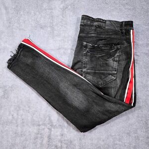 Jordan Craig Sean Jeans Mens 40x32 Black Red Side Stripe Distressed JM3367 Good